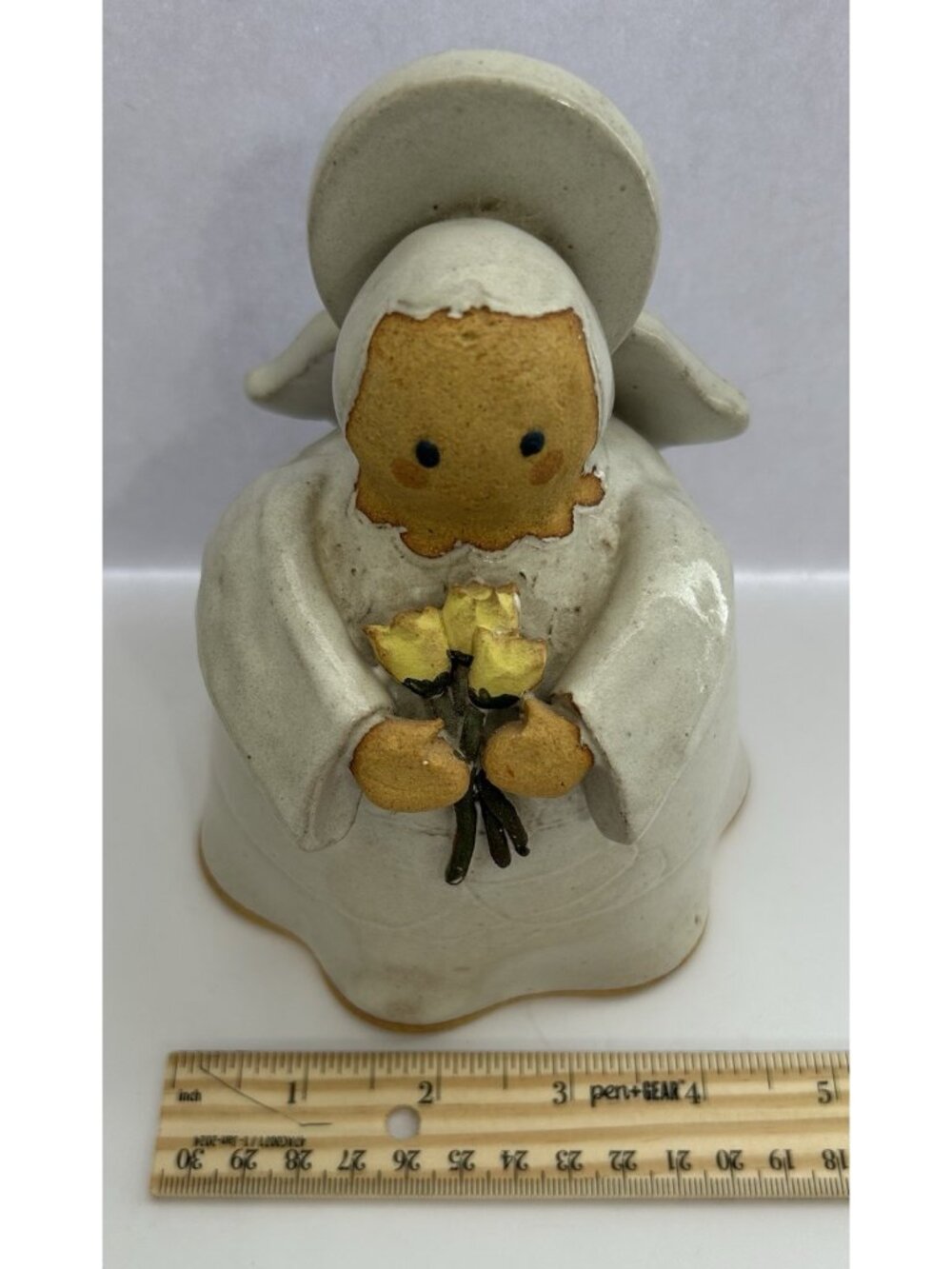 Pottery Angel Figurine Yellow Flowers Handmade Decorative Farmhouse Cottagecore